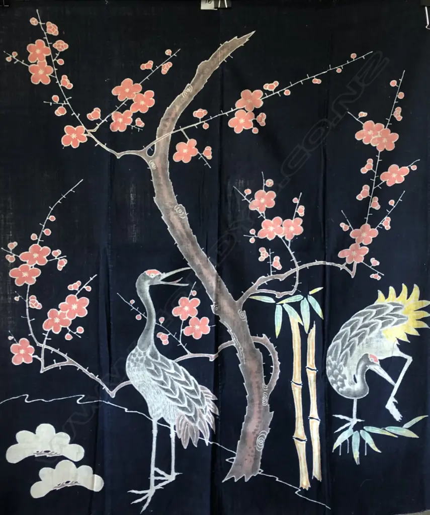 VINTAGE JAPANESE TSUTSUGAKI TEXTILE w. 2 CRANES & PRUNUS 1480x1300mm (16) Image 1++
