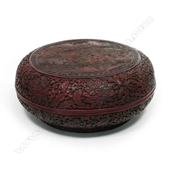 A cinnabar lacquer box, of squat circular shape,