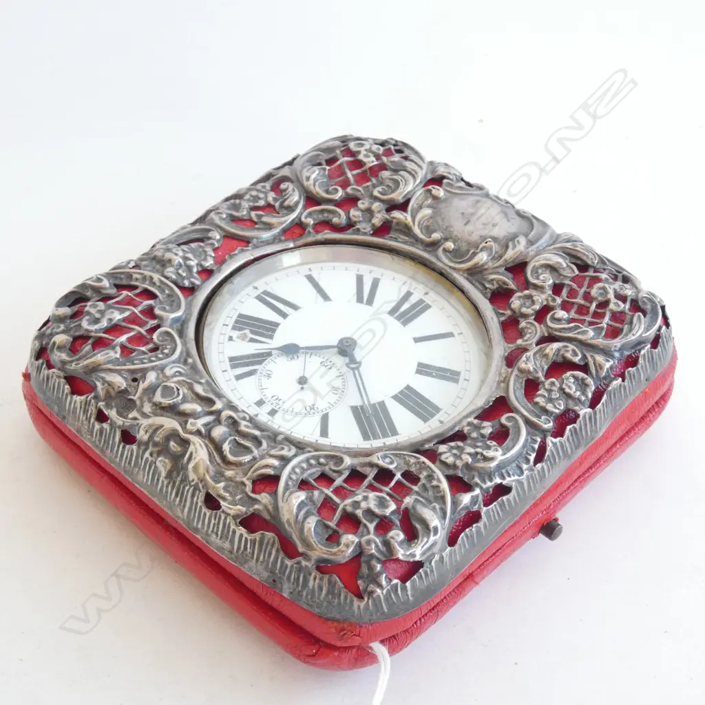 EDWARDIAN SILVER AND LEATHER POCKET WATCH HOLDER (A.F) Image 1++