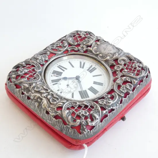 EDWARDIAN SILVER AND LEATHER POCKET WATCH HOLDER (A.F)