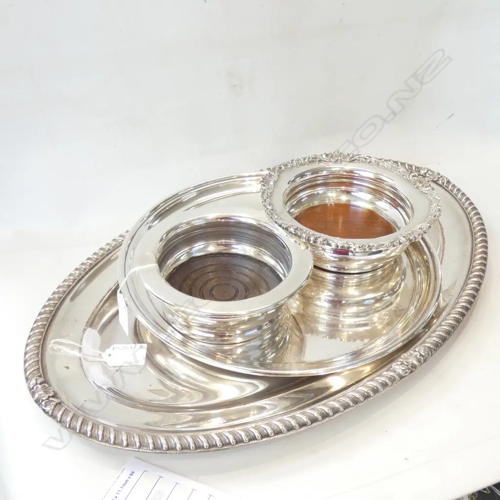 2 SILVER PLATE TRAYS W.480mm + 2 WINE COASTERS Image 1++