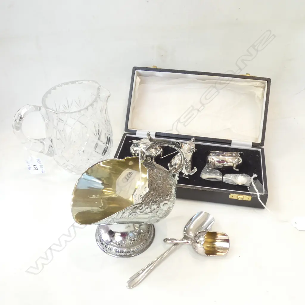 CRYSTAL JUG (H. 125) COAL SCUTTLE SUGAR BOWL +SCOOP & SPOON + BOXED 3PC SILVER PLATE & BLUE GLASS CONDIMENT SET Image 1++