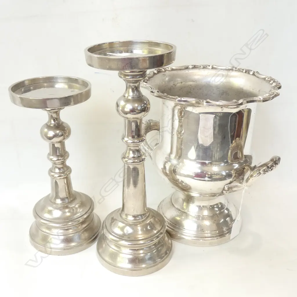 SILVER METAL CHAMPAGNE BUCKET H.260mm + PR CANDLEHOLDERS  Image 1++