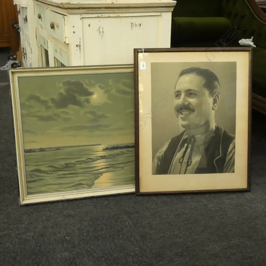 2 ARTWORKS; B/W PHOTO PORTRAIT & MOONLIT OCEAN PRINT 500x750mm Image 1++