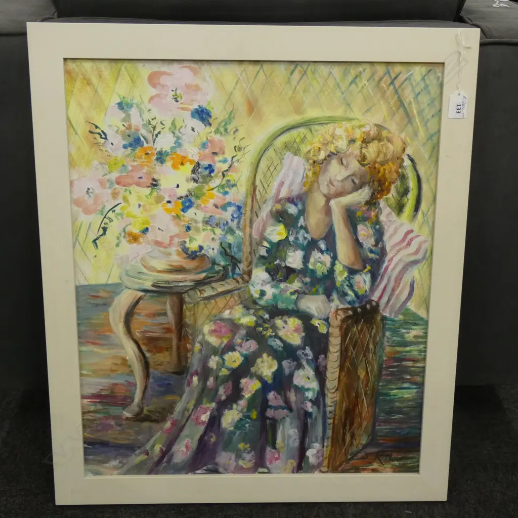 S RILEY ACRYLIC SEATED WOMAN & FLOWERS 590 X 490mm Image 1++