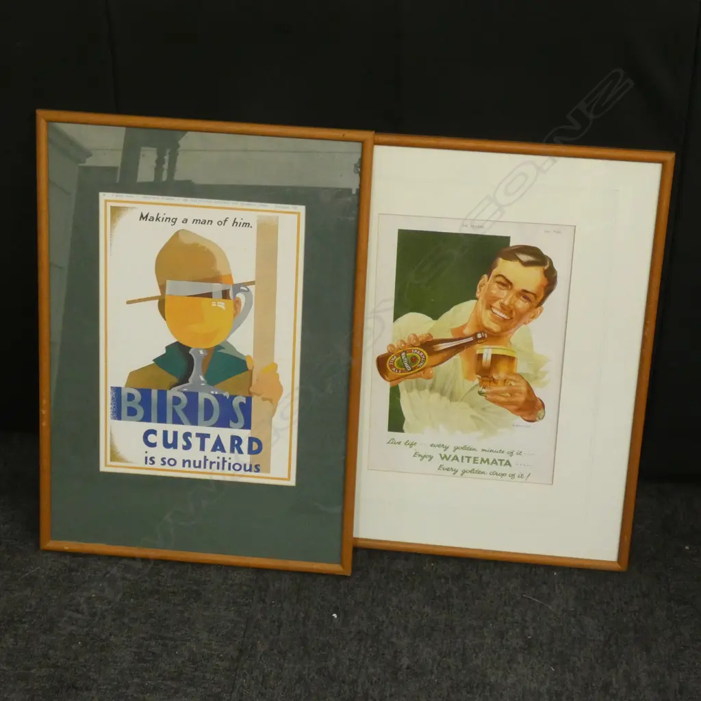 2 FRAMED VINTAGE ADVERTISTING PRINTS; WAITEMATA PALE ALE & BIRDS CUSTARD 340x240mm Image 1++
