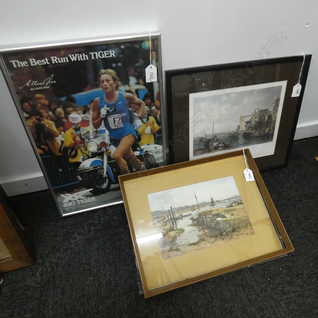 3 PRINTS; W. BALL 19thC YACHT / VENICE ENGRAVING / SIGNED ALISON ROE NY MARATHON '81 Image 1++
