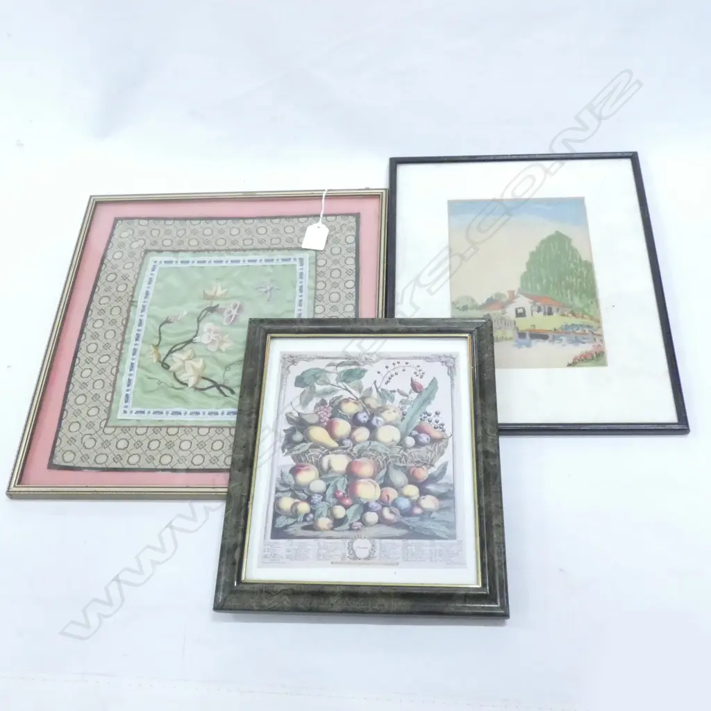FRAMED COTTAGE EMBROIDERY/ DECORATIVE SILK CLOTH (310 X 280MM) & 1 OTHER  Image 1++