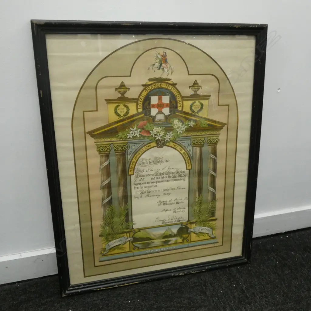 FRAMED ORANGE LODGE LITHOGRAPH CERTIFICATE C.1909 500x395mm Image 1++