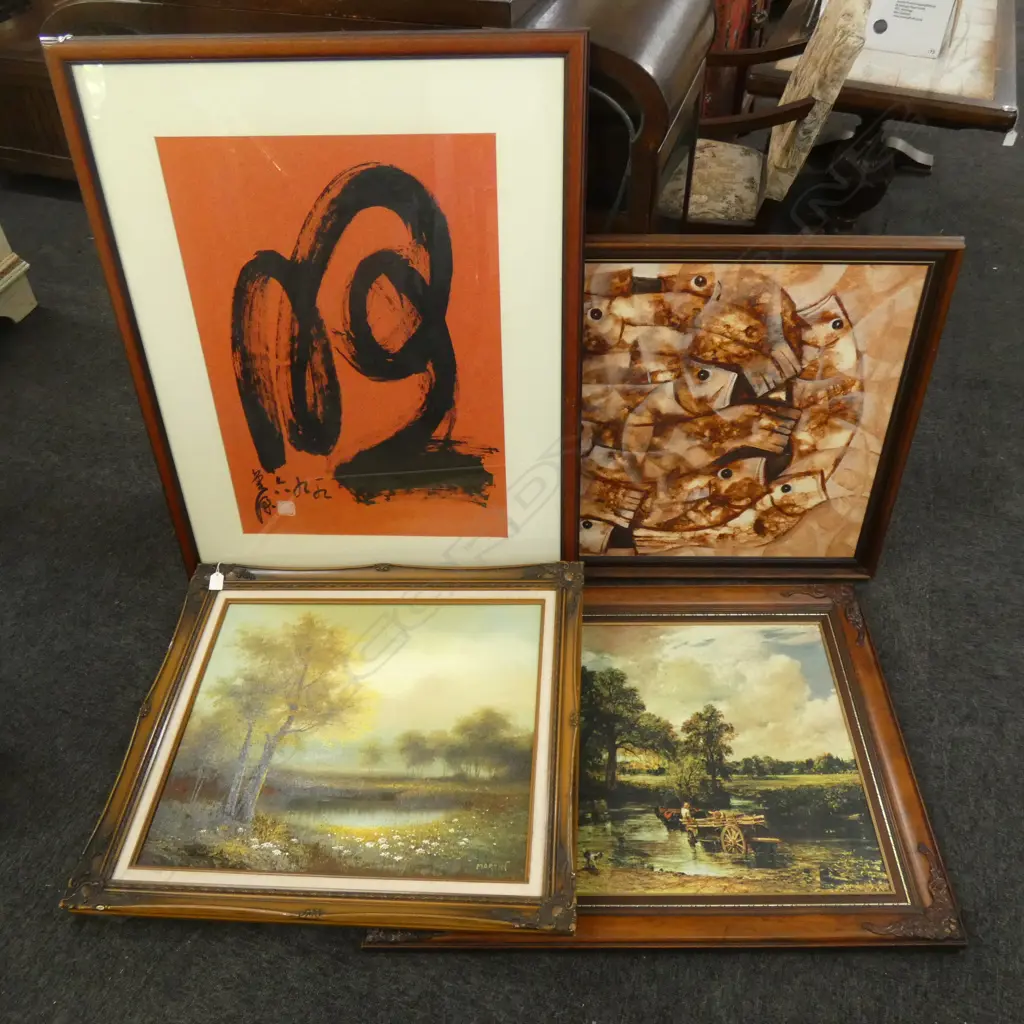 4 ARTWORKS; BROWN FISH, MARTIN LANDSCAPE OIL, LANDSCAPE PRINT, ORIENTAL PRINT 710x500mm  Image 1++