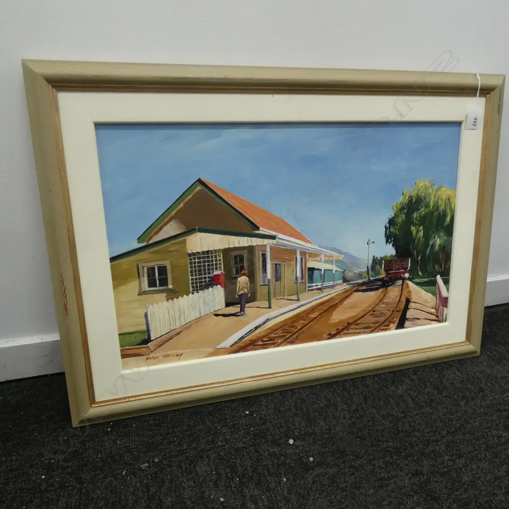 BRIAN HARVEY OIL PAINTING 'OLD WAGON NELSON RAIL STATION Image 1++