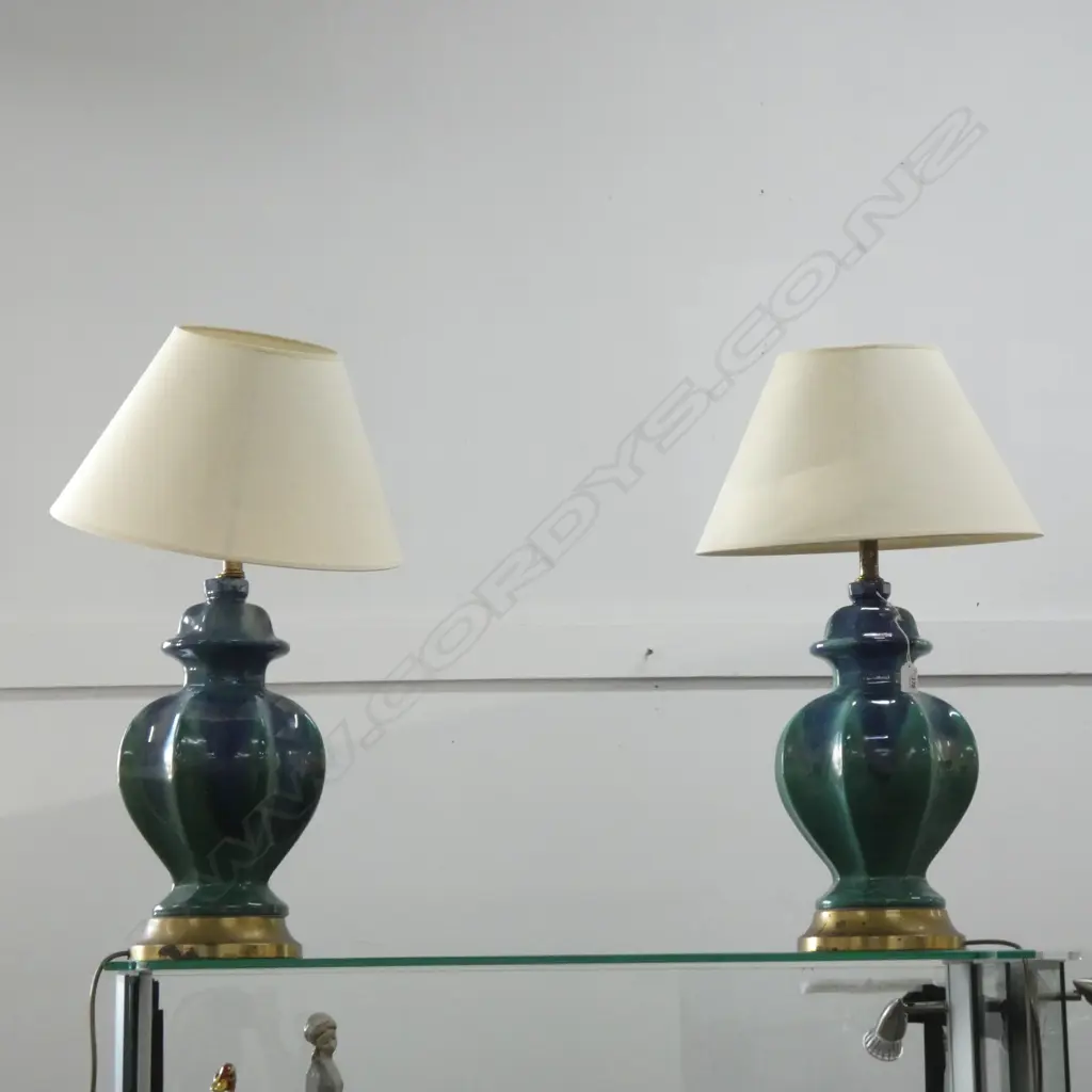 PR TABLE LAMPS BRASS BASES, BALUSTER DARK GREEN & BLUE GLAZE H.430MM Image 1++