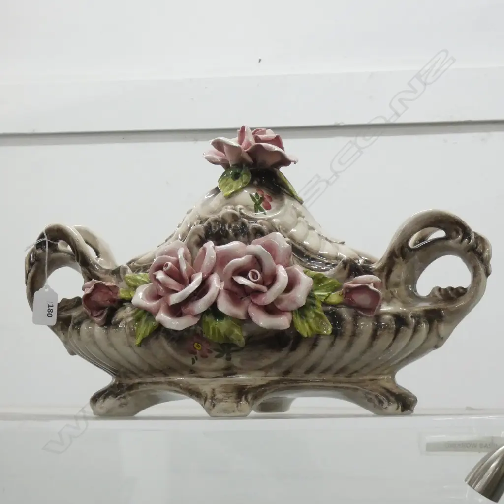 ORNATE ITALIAN MAJOLICA TUREEN w APPLIED PINK ROSES L 440 H 290MM  Image 1++