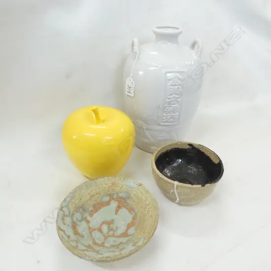 WHITE DRAGON VASE, YELLOW APPLE, 2 CERAMIC BOWLS 150mm dia