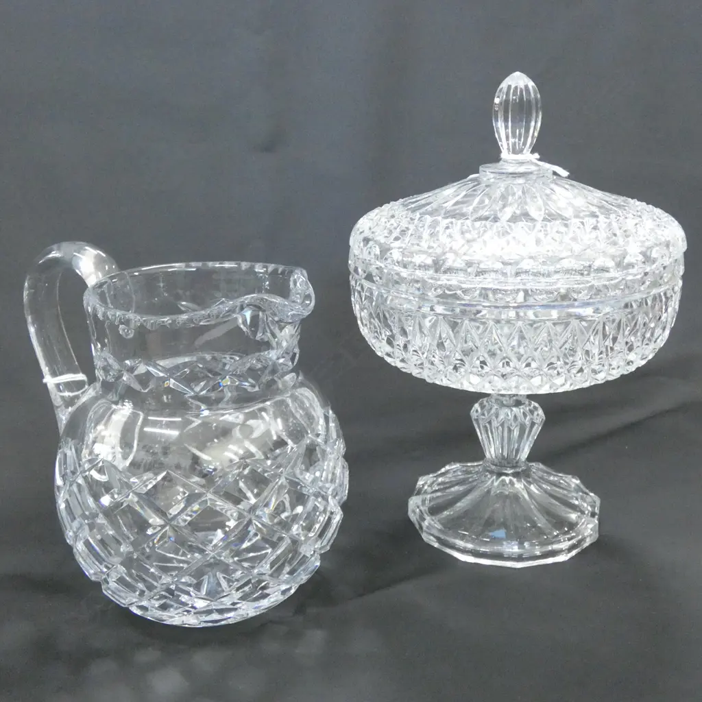 LG CRYSTAL CUT GLASS FOOTED BOWL W LID (H. 300MM DIA 177MM) & LG CRYSTAL JUG (H 180MM) Image 1++