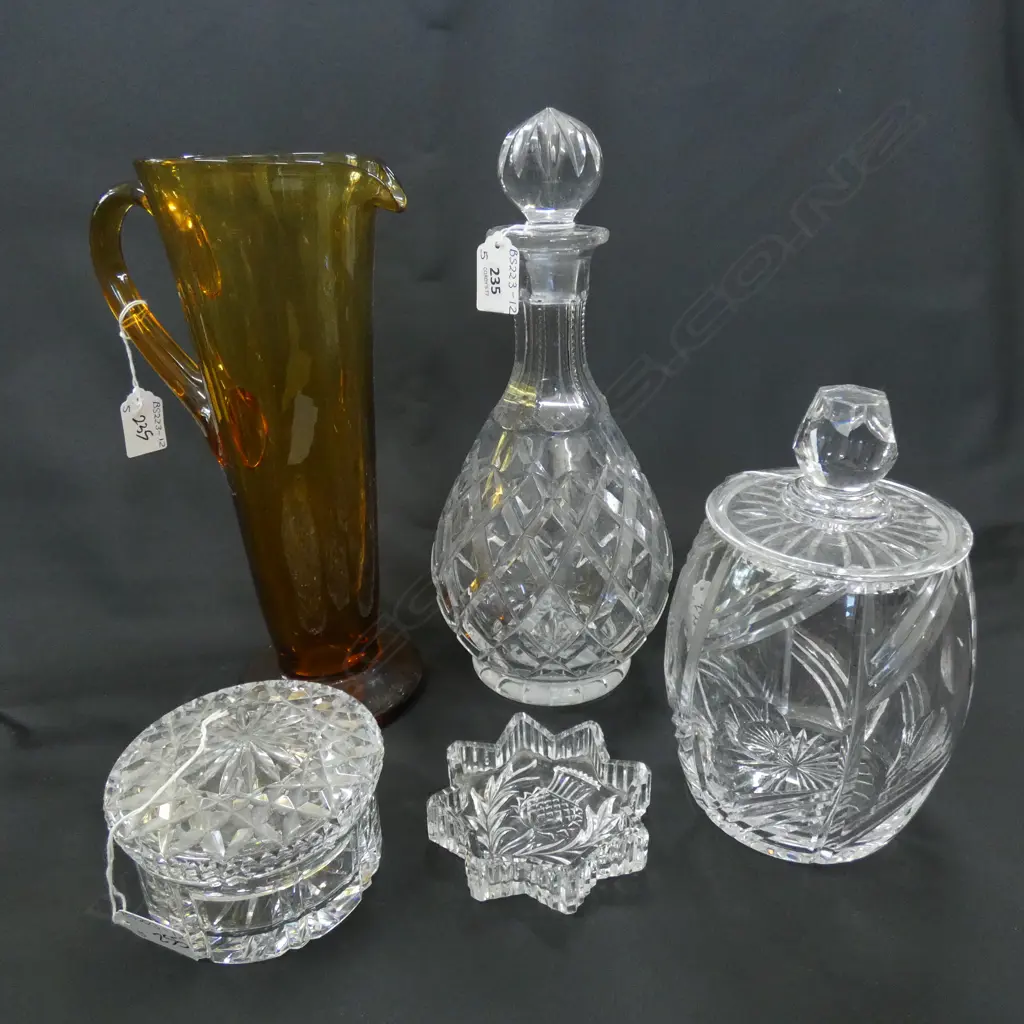 5 PCS GLASS & CRYSTAL; DECANTER (H315MM) 2 CONTAINERS; AMBER JUG (H290MM) + CANISTER T Image 1++