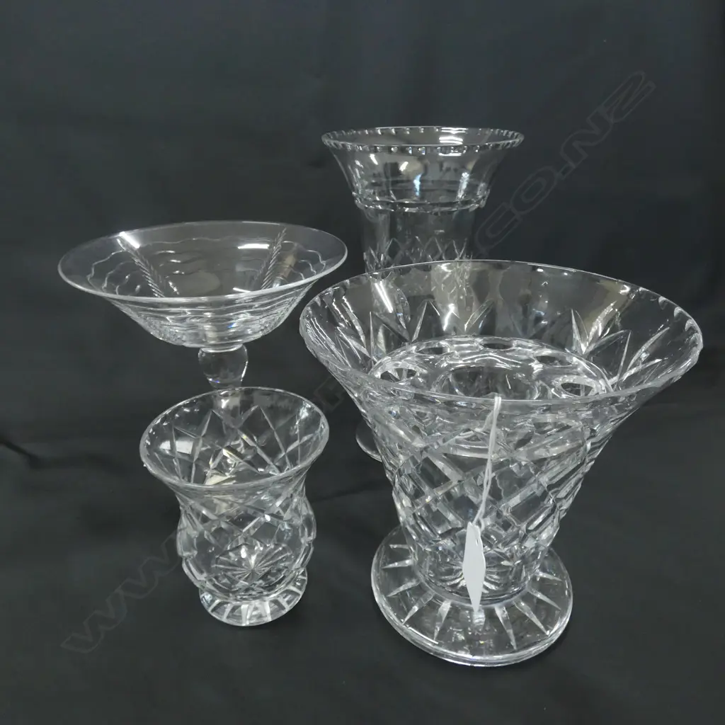 3 ASST CUT CRYSTAL VASES (LARGEST H. 245MM) 1 w FLOWER FROG + TALL FOOTED DISH H. H180MM Image 1++