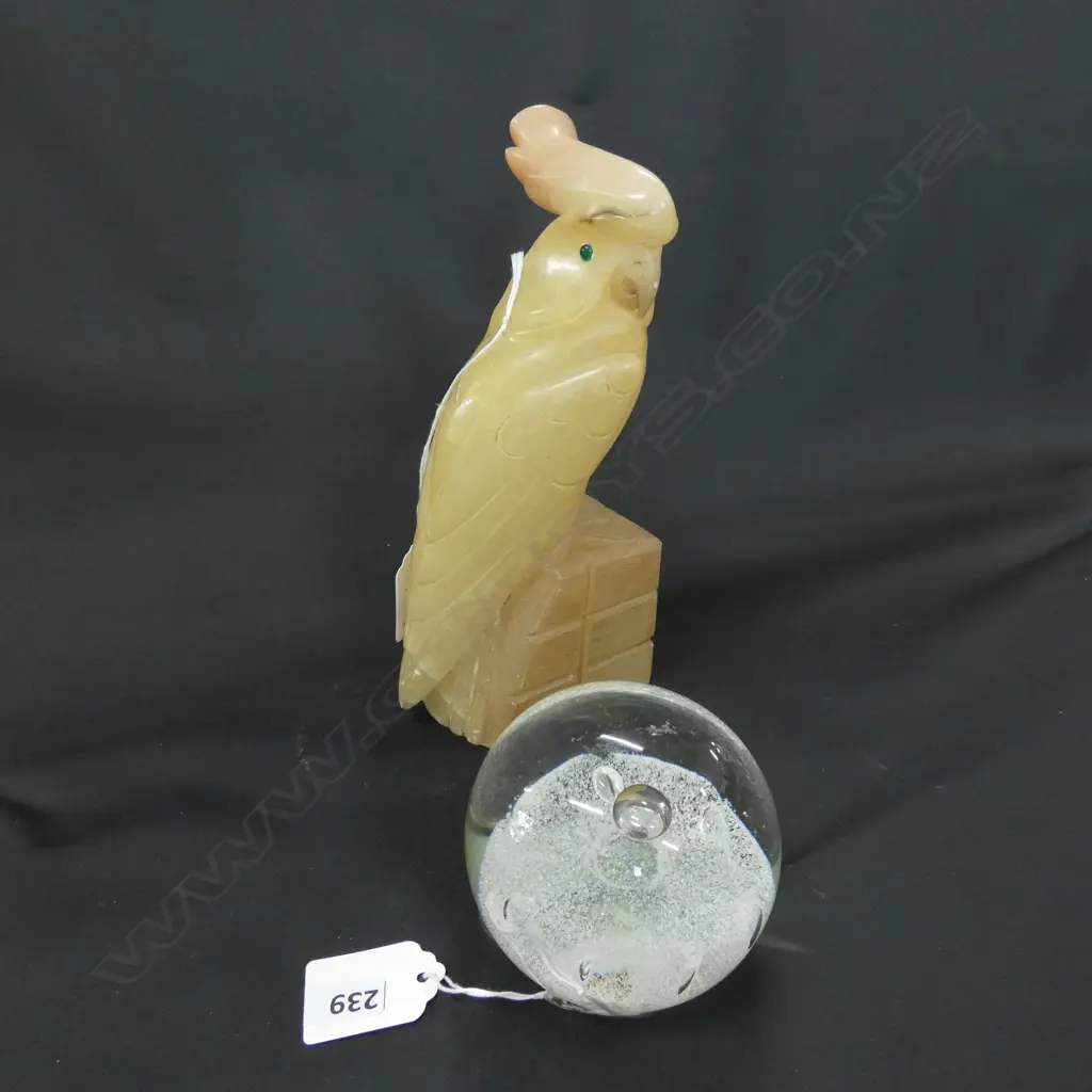 ALABASTER CRESTED BIRD (H 210MM) & CAITHNESS GLASS 'SENTINEL'  PAPERWEIGHT (APPROX DIA 85MM) Image 1++