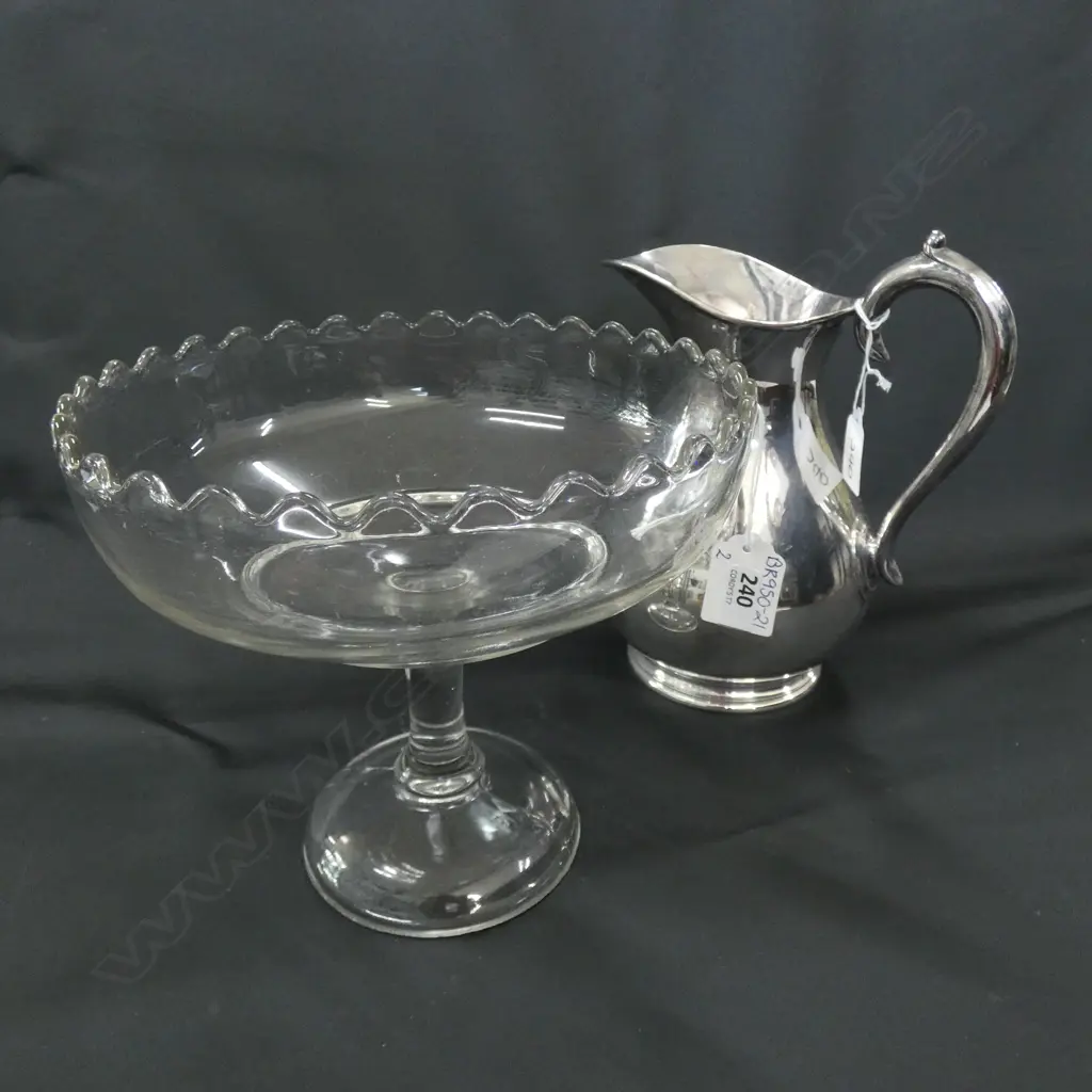 LG SILVER PLATE WATER JUG H. 210MM & TALL FOOTED GLASS BOWL DIA 215MM Image 1++