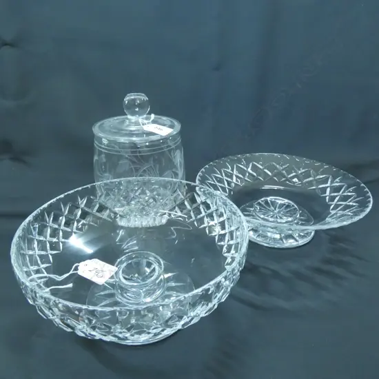 2 FOOTED CUT CRYSTAL BOWLS LARGEST DIA 230MM & ETCHED CANISTER H. 200MM
