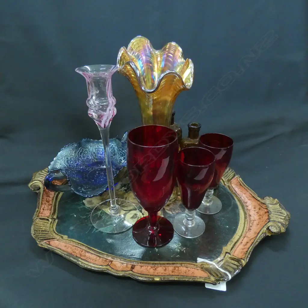 OLD WOODEN PAINTED TRAY OF COLOURED GLASS; CARNIVAL, CAITHNESS ETC.. Image 1++