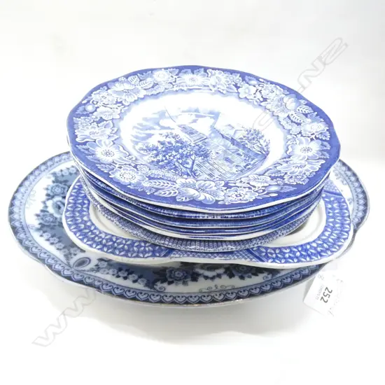 STACK 8 BLUE & WHITE PLATES & BOWLS  INCL LIBERTY BLUE - LARGEST L 345MM