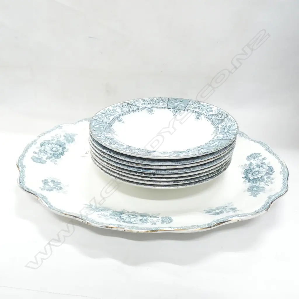 LG BOOTHS GREEN & WHITE ASHET  (L445MM) 8 GREEN & WHITE VICTORIAN SOUP BOWLS Image 1++