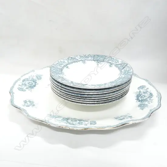 LG BOOTHS GREEN & WHITE ASHET  (L445MM) 8 GREEN & WHITE VICTORIAN SOUP BOWLS