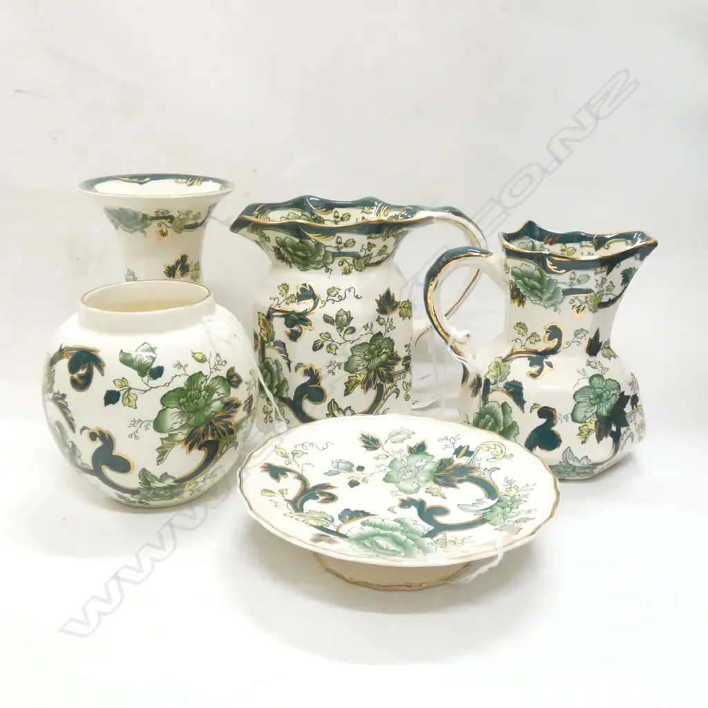 2 GRADUATED MASONS IRONSTONE BROWN VELVET JUGS + 2VASES+ DISH Image 1++