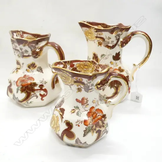 3 GRADUATED MASONS IRONSTONE BROWN VELVET JUGS