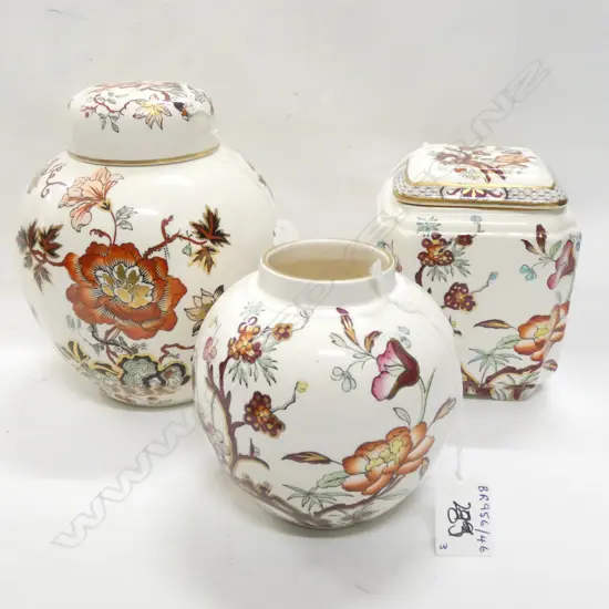 MASONS IRONSTONE GINGER JAR, LIDDED JAR & 1 (NO LID)