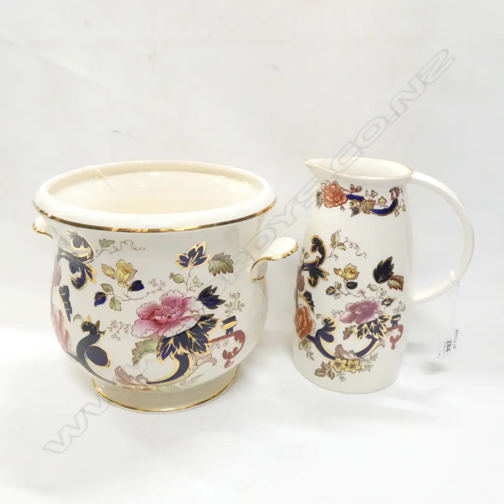 MASONS IRON STONE BLUE MANDERLAY PATTERN JARDINIERE & JUG Image 1++