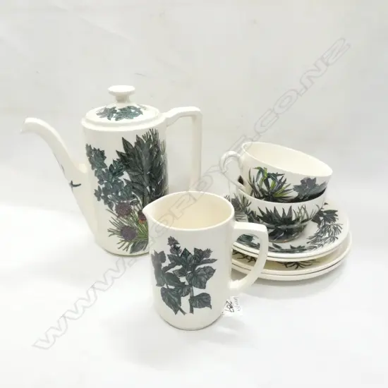 MASONS IRONSTONE COFFEE POT, JUG & TWO TRIOS, ENGLISH HERB PATTERN