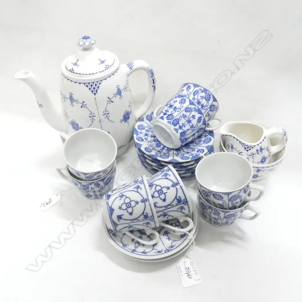 BLUE & WHITE CHINA; FURNIVALE DENMARK COFFEE POT/ SUGAR & MILK + 8 PR C & S's (2 DESIGNS) Image 1++