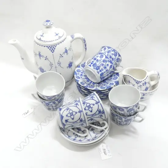BLUE & WHITE CHINA; FURNIVALE DENMARK COFFEE POT/ SUGAR & MILK + 8 PR C & S's (2 DESIGNS)