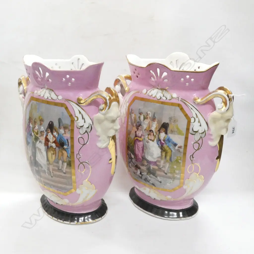 PR LG VICTORIAN PINK VASES W PERIOD SCENES & GOLD GILT - H. 350MM HAVE REPAIRS  Image 1++