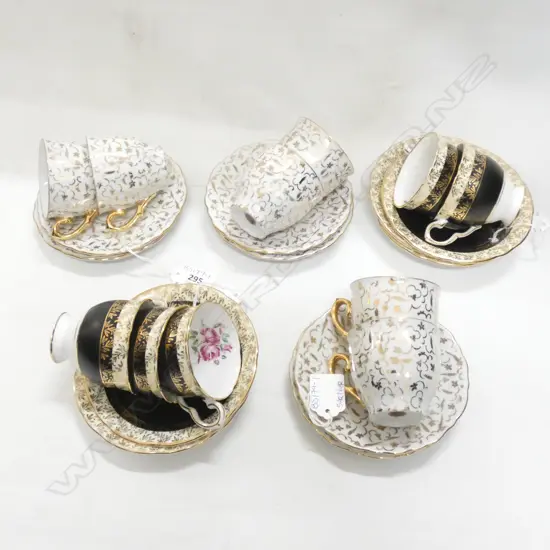 DEMITASSE CUPS & SAUCERS; 6 VICTORIA CHINA WHITE & GOLD / 5 ROYAL STAFFORD BLACK & GOLD