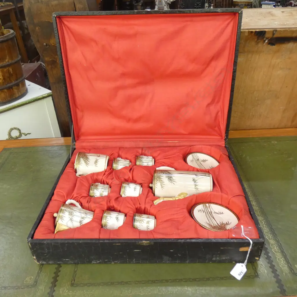 OLD CASED JAPANESE SATSUMA SET; COFFEE POT / SUGAR BOWL/ LIDDED JUG/ 6 DEMITASSE CUPS & SAUCERS  Image 1++
