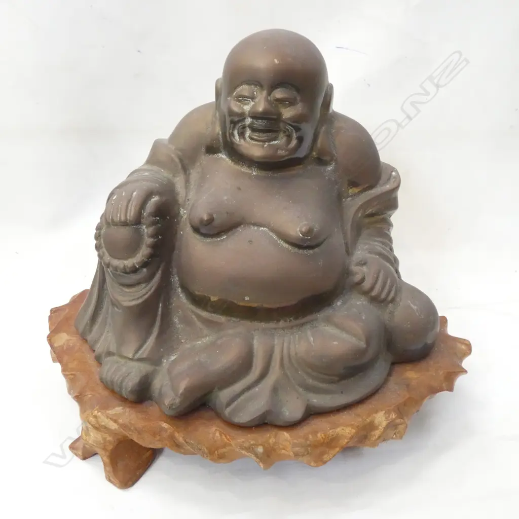 LG BRASS CAST BUDDHA ON WOODEN STAND  H. 300MM Image 1++