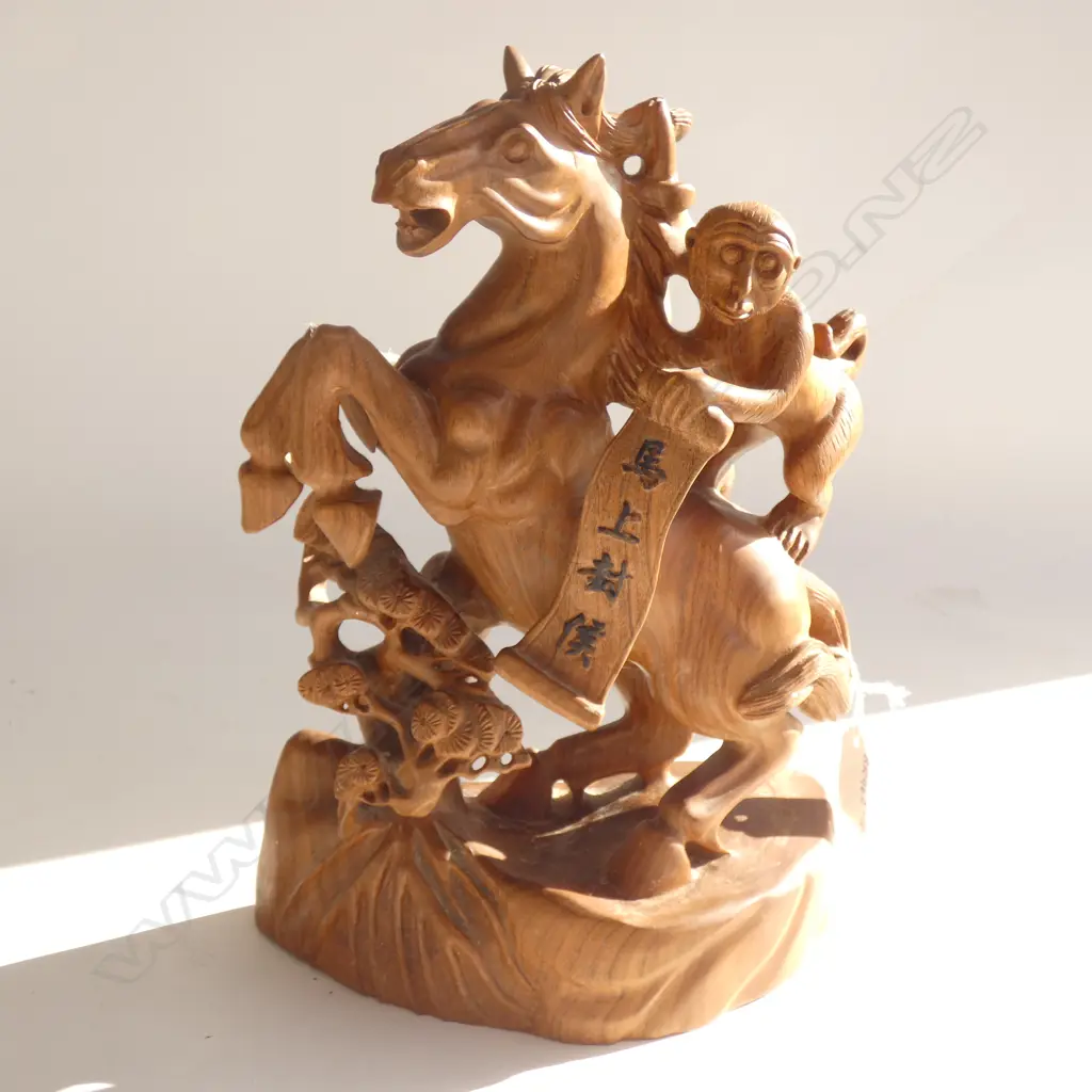 CARVED WOODEN ZODIAC HORSE & MONKEY H. 275MM A/F  Image 1++