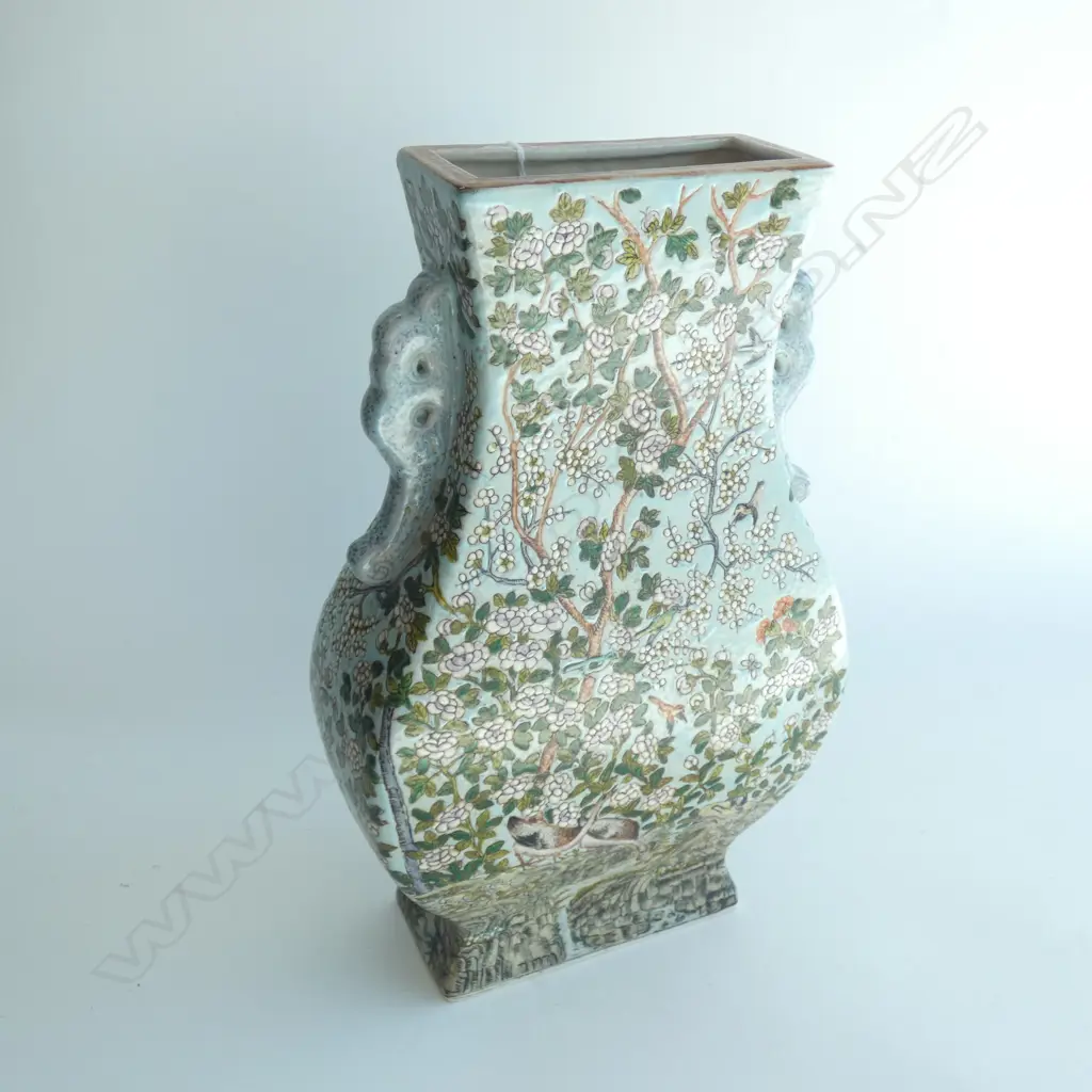CHINESE PEAR SHAPED VASE, OF OBLONG SECTION, DECORATED w FLOWERS & BIRDS. 4 CHARACTER MARK. H.350mm Image 1++
