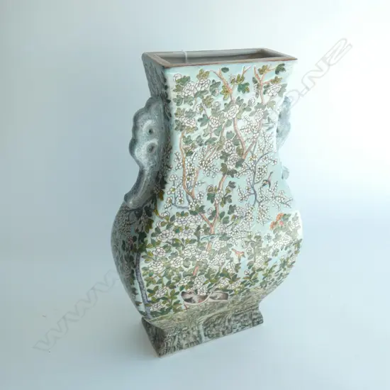 CHINESE PEAR SHAPED VASE, OF OBLONG SECTION, DECORATED w FLOWERS & BIRDS. 4 CHARACTER MARK. H.350mm