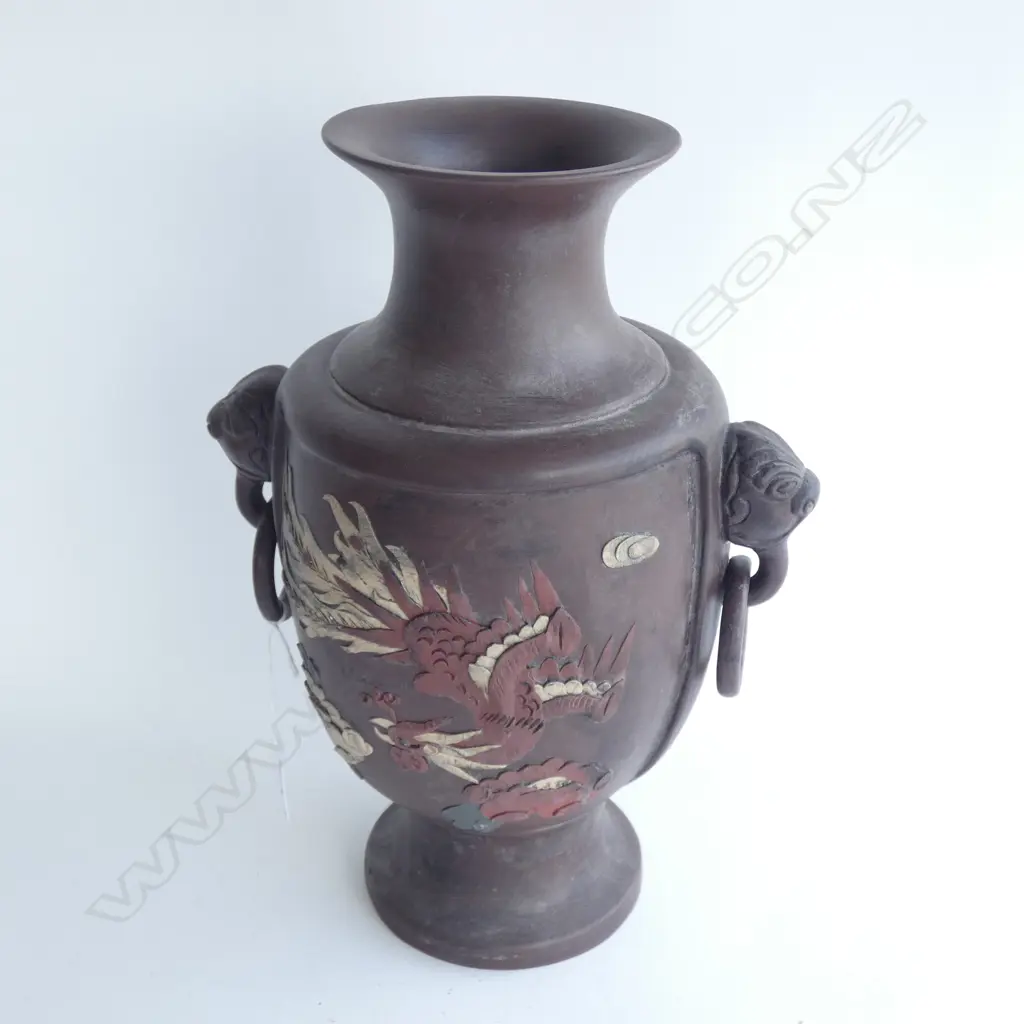 JAPANESE BROWN CERAMIC VASE w. DRAGONS H.330mm Image 1++