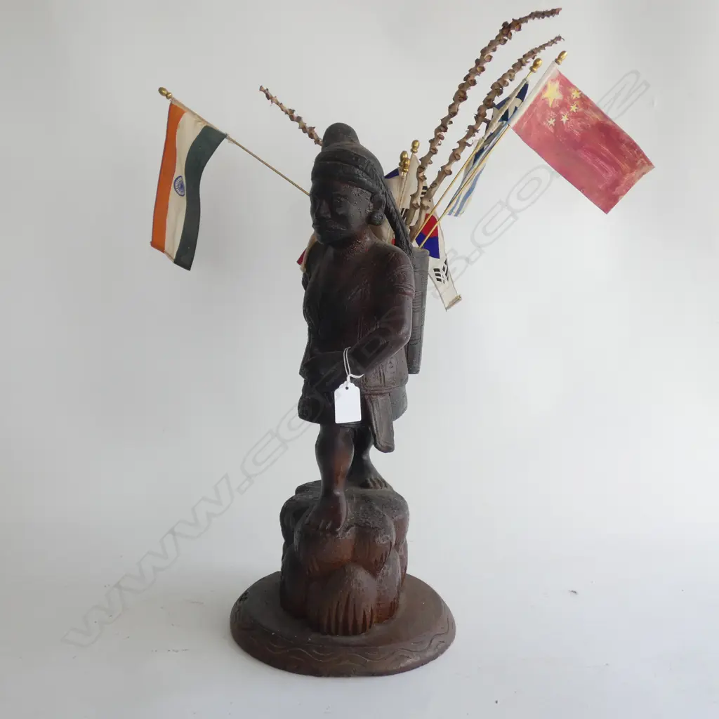 CARVED WOODEN ORIENTAL FIGURE w. FLAGS H.500mm Image 1++