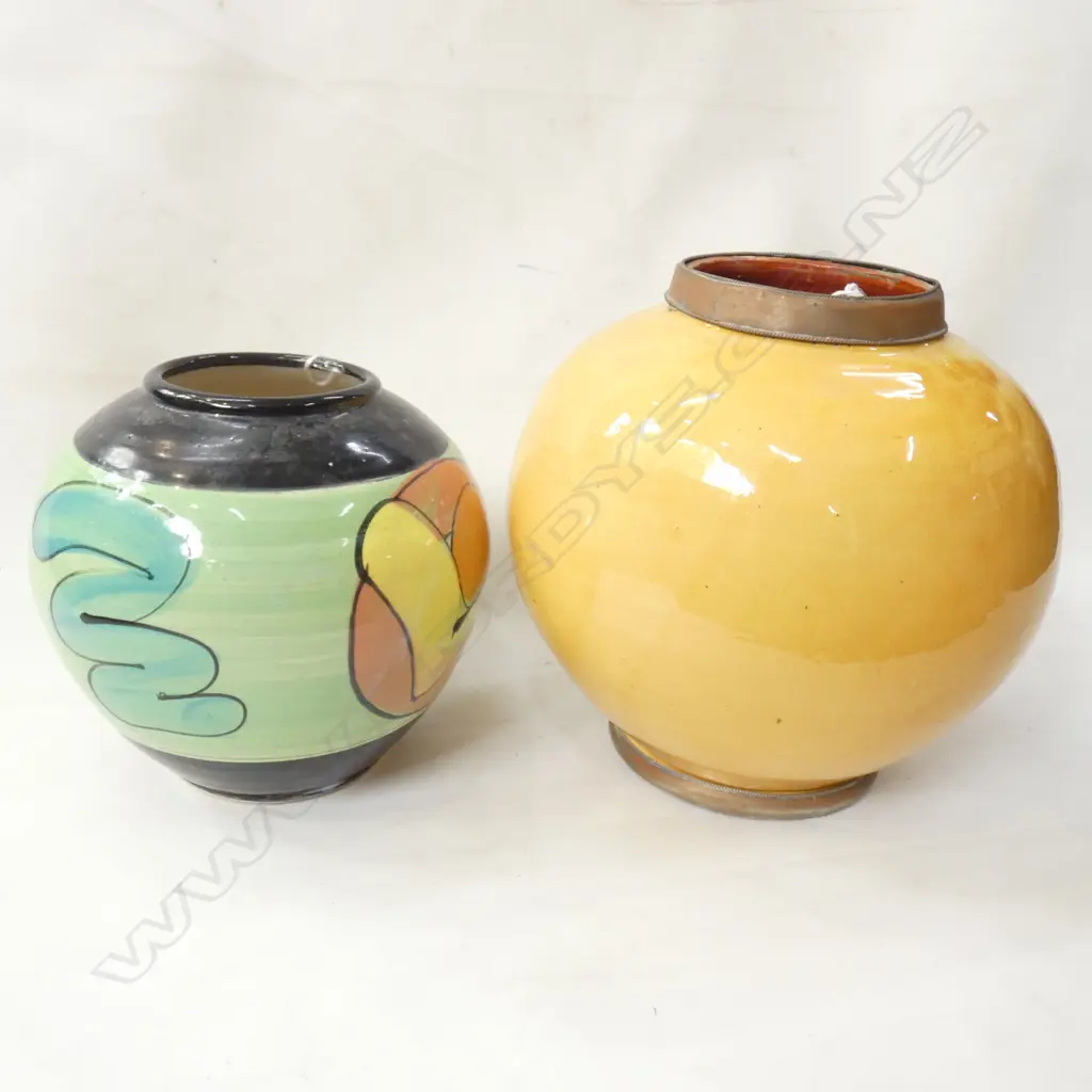SIGNED POTTERY VASE (H.220MM) & COPPER RIMMED YELLOW POTTERY VASE H. 285MM Image 1++