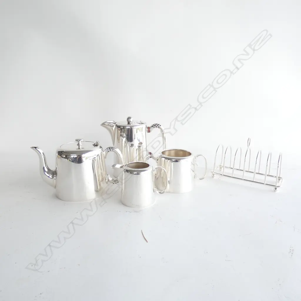 5 PCS SILVER PLATE; 6 SLICE TOAST RACK / COFFEE POT (H. 145MM) TEAPOT / MILK JUG & SUGAR BOWL Image 1++