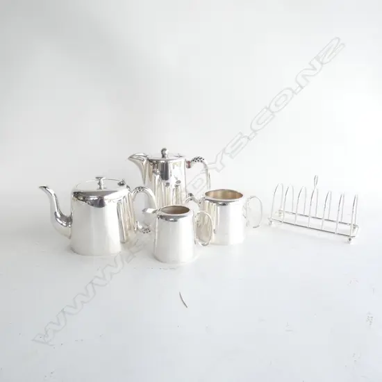 5 PCS SILVER PLATE; 6 SLICE TOAST RACK / COFFEE POT (H. 145MM) TEAPOT / MILK JUG & SUGAR BOWL