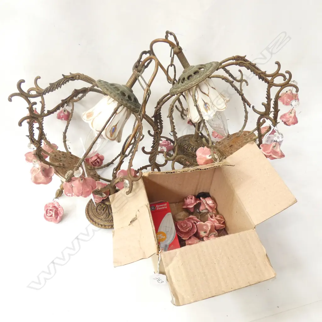 PR OLD PORCELAIN ROSE CHANDELIER DIA  300MM + SM BOX SPARE PIECES  A/F Image 1++