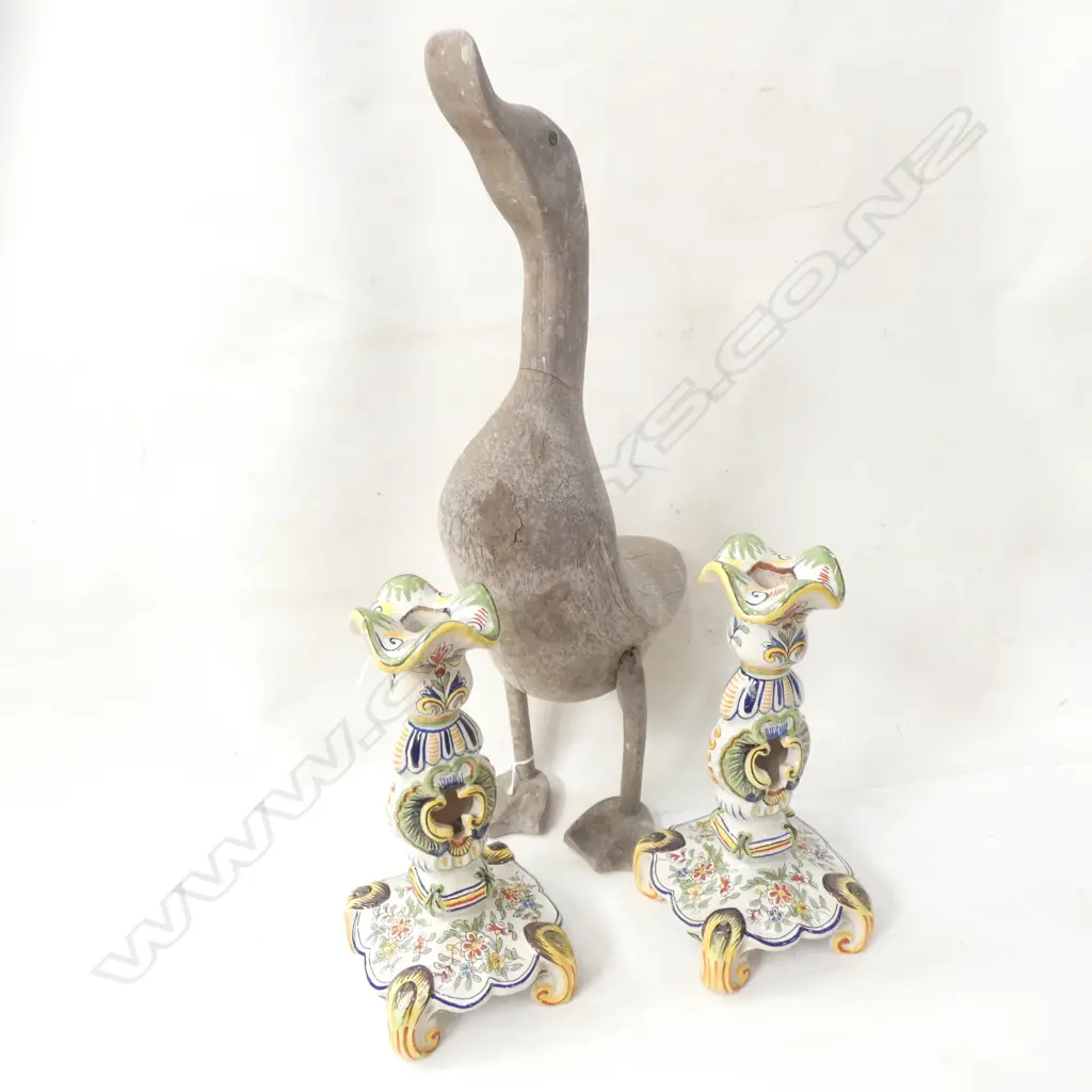 PR ITALIAN PAINTED CERAMIC CANDLESTICKS H.235mm + CARVED WOODEN DUCK H.480mm Image 1++