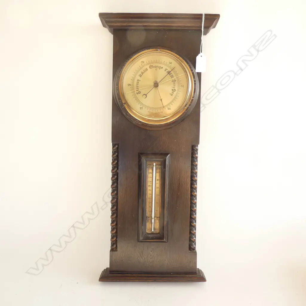 (16169) BAROMETER & THERMOMETER IN WOODEN STAND H. 530MM (BAROMETER GLASS A/F) Image 1++